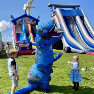 The blue T Rex almost gobbled up the seagull...